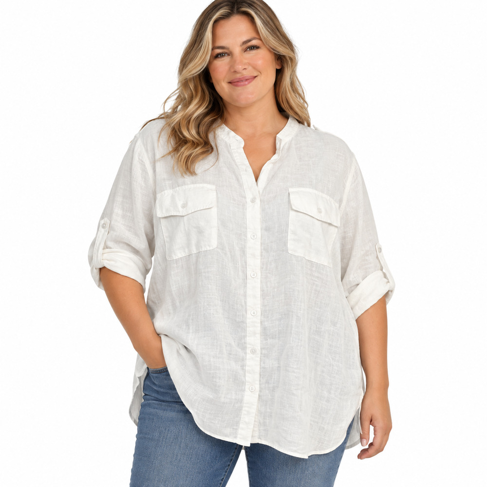 Tommy Hilfiger White 100% Linen Roll Tab Long Sleeve Coastal Vacation Top NWT 20